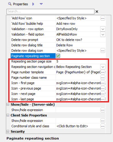 Container Properties Dialog Box showing properties associated with Paginate repeating sections